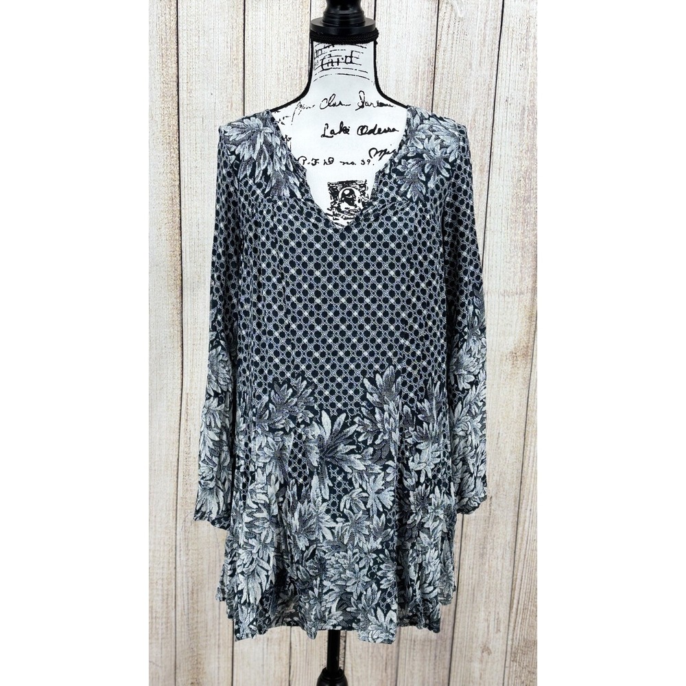 Free People Dreamy Daze Mini Dress XS Navy White Floral Long Sleeve Boho Flowy